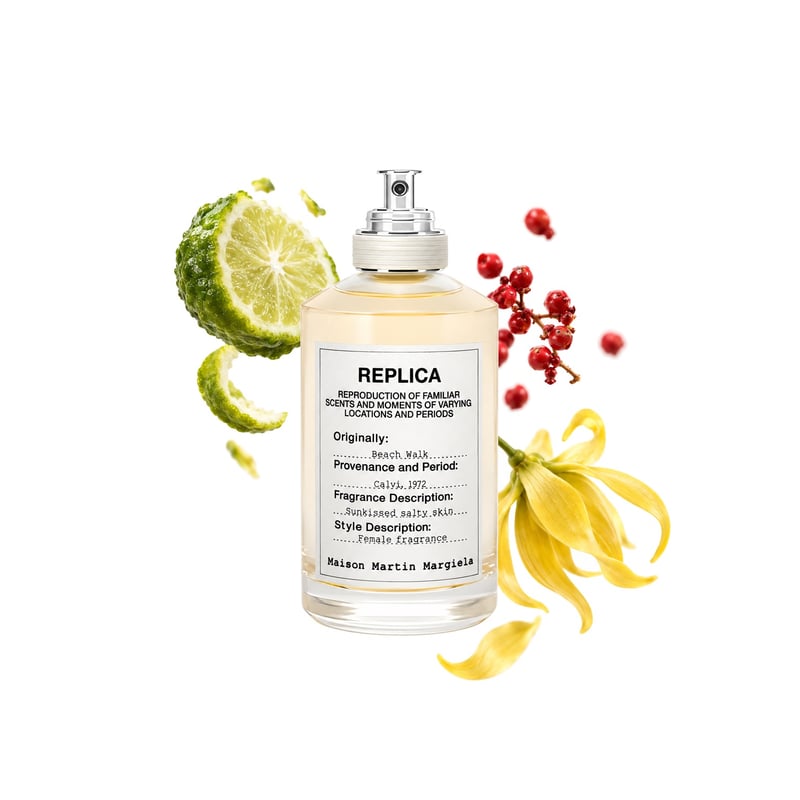 Beach Walk by Maison Margiela, bottle pictured with its key notes: Bergamot, Pink Pepper and Ylang-ylang