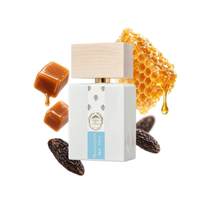 Bianco Latte by Giardini di Toscana, bottle pictured with its key notes: Caramel, Coumarin and Honey