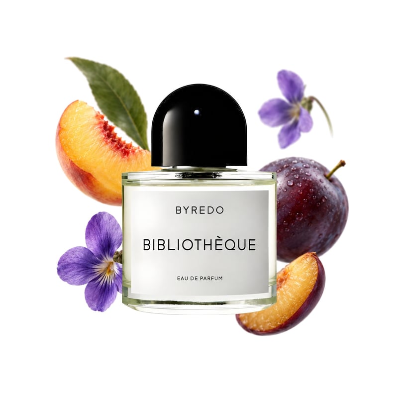 Bibliothèque by Byredo, bottle pictured with its key notes: Peach, Plum and Violet