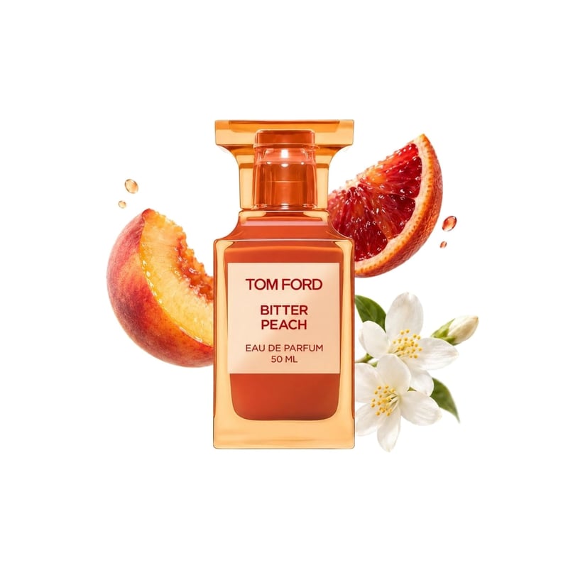 Bitter Peach by Tom Ford, bottle pictured with its key notes: Peach, Blood Orange and Jasmine