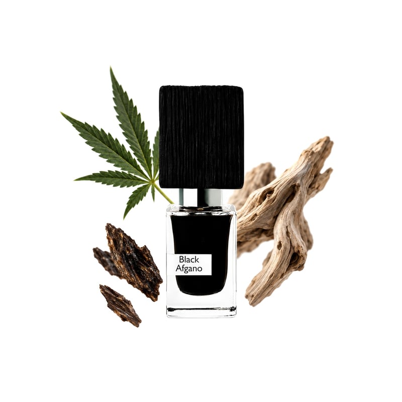 Black Afgano by Nasomatto, bottle pictured with its key notes: Cannabis, Woody Notes and Oud