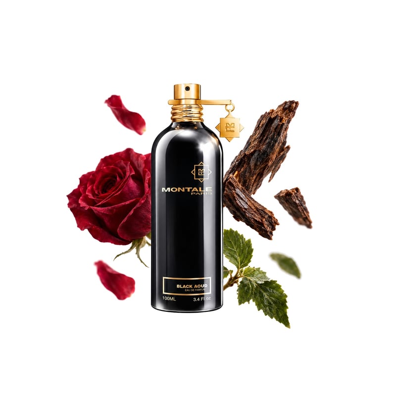 Black Aoud by Montale, bottle pictured with its key notes: Rose, Agarwood (oud) and Patchouli