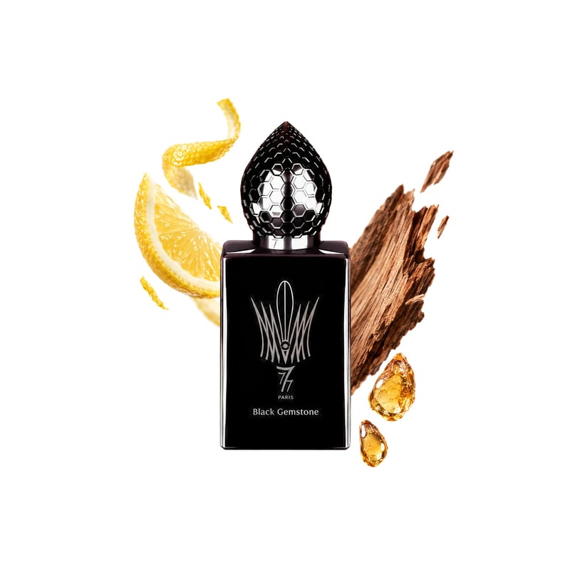 Black Gemstone by Stéphane Humbert Lucas 777, bottle pictured with its key notes: Cedar, Lemon and Resins