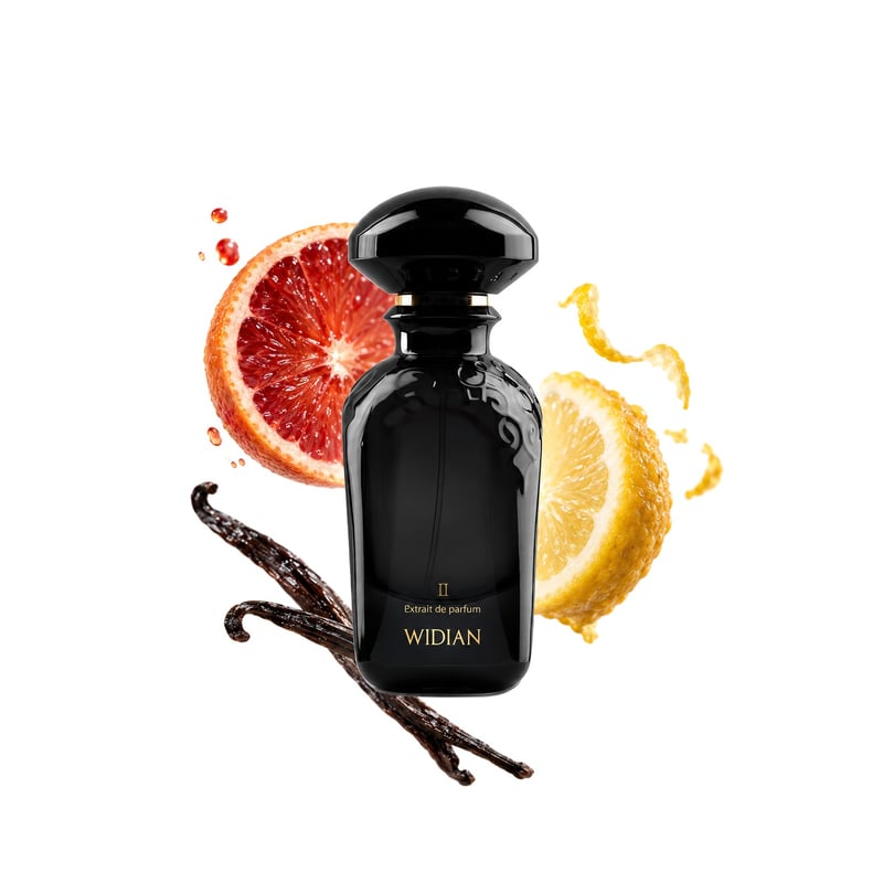 Black II by WIDIAN, bottle pictured with its key notes: Blood Grapefruit, Citron and Bourbon Vanilla