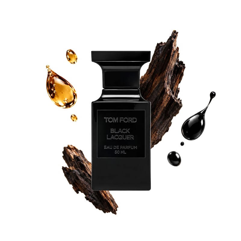 Black Lacquer by Tom Ford, bottle pictured with its key notes: Rum, Ink and Ebony Wood