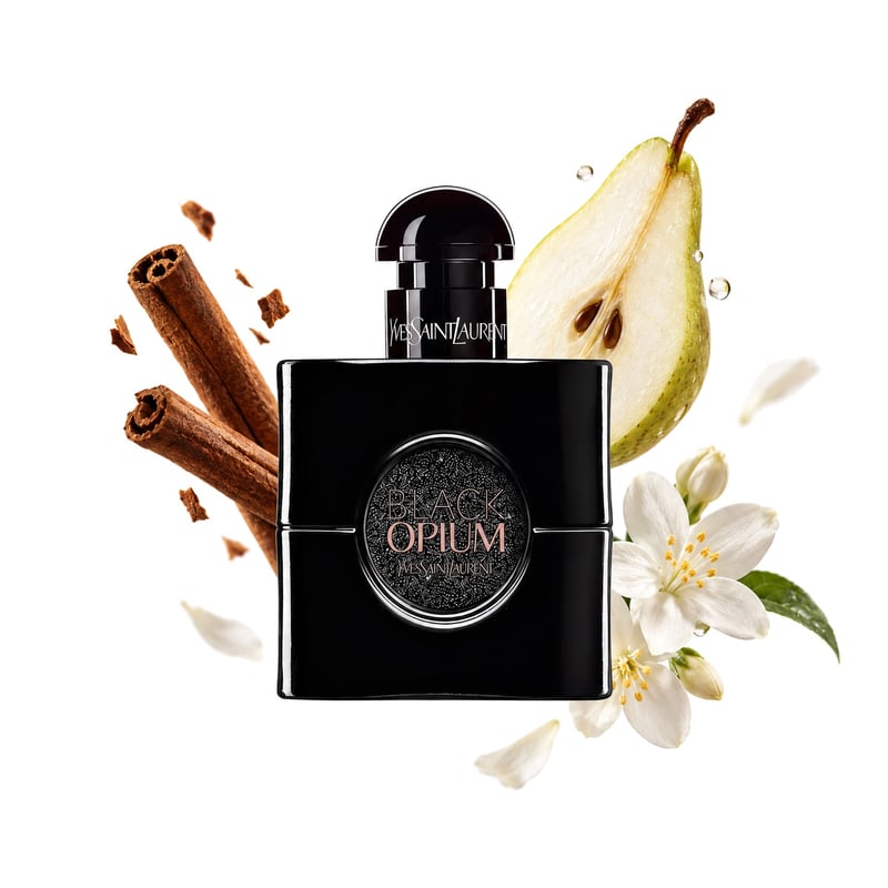 Black Opium Le Parfum by Yves Saint Laurent, bottle pictured with its key notes: Cinnamon, Pear and Jasmine Sambac