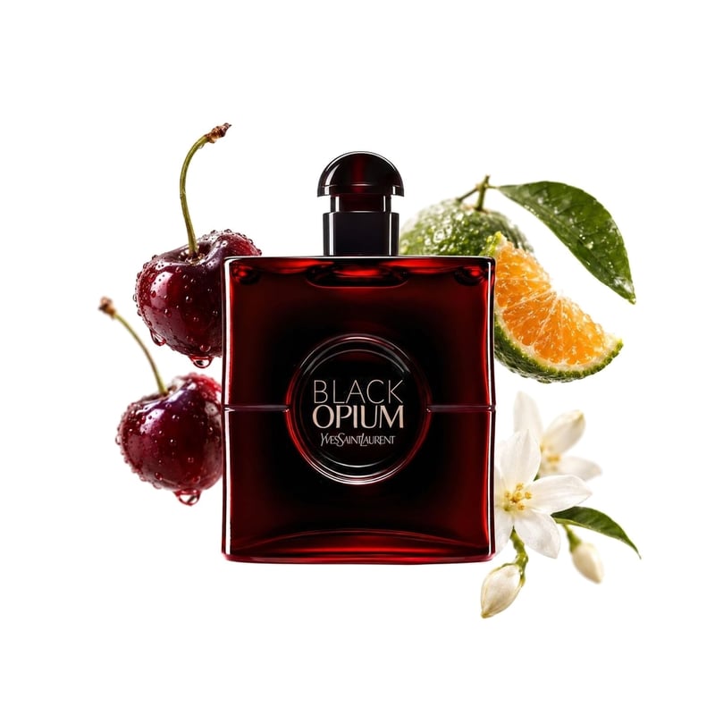Black Opium Over Red by Yves Saint Laurent, bottle pictured with its key notes: Cherry, Green Mandarin and Jasmine