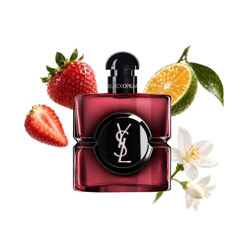 Black Opium Pink Glaze by Yves Saint Laurent, bottle pictured with its key notes: Strawberry, Green Mandarin and Jasmine
