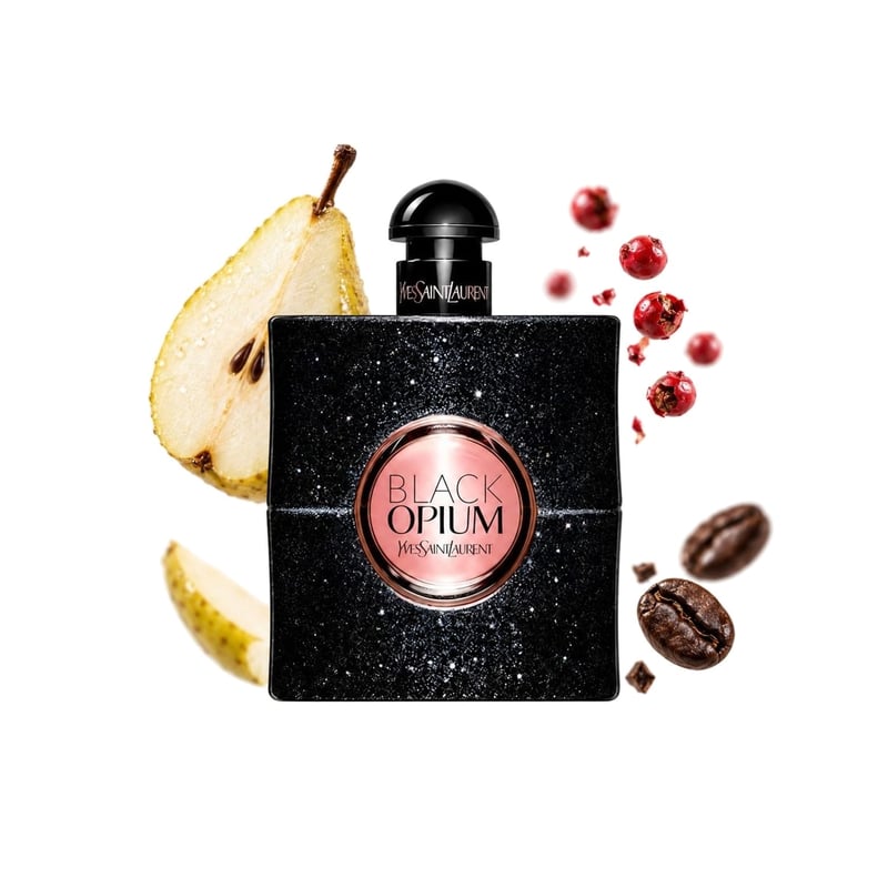 Black Opium by Yves Saint Laurent, bottle pictured with its key notes: Pear, Pink Pepper and Coffee