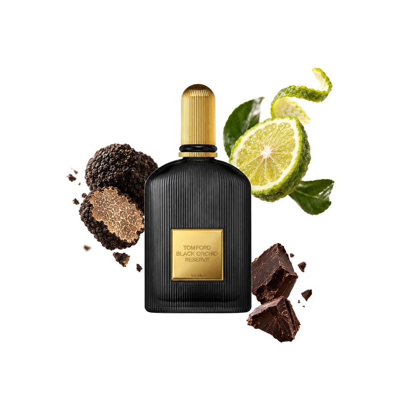 Black Orchid Reserve de Tom Ford, flacon entouré de ses notes clés : Truffe, Bergamote et Chocolat noir