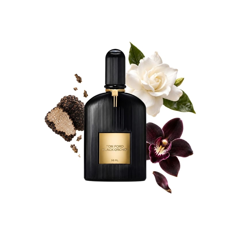 Black Orchid by Tom Ford, bottle pictured with its key notes: Truffle, Gardenia and Orchid