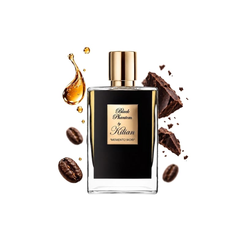 Black Phantom by By Kilian, bottle pictured with its key notes: Rum, Dark Chocolate and Coffee