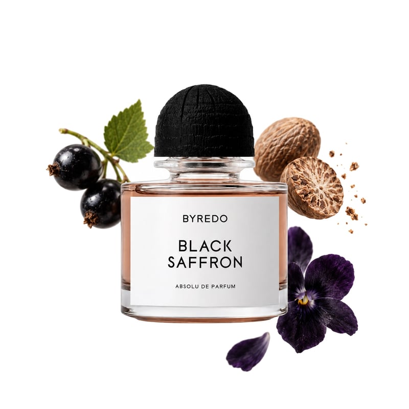 Black Saffron Absolu by Byredo, bottle pictured with its key notes: Blackcurrant, Nutmeg and Black Violet