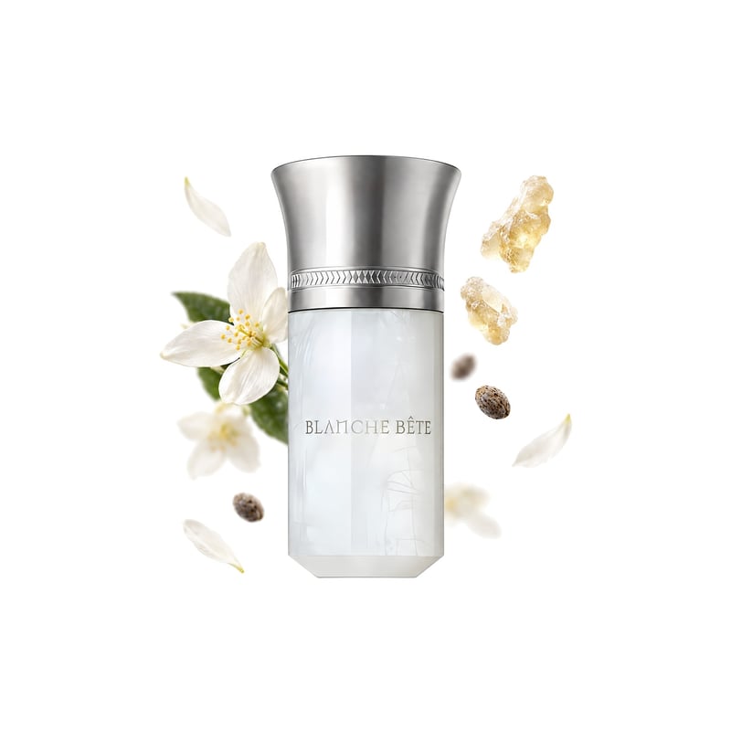 Blanche Bête de la Liquides Imaginaires, flacon alături de notele principale: Ambretă (nalbă de mosc), Mystikal și Iasomie