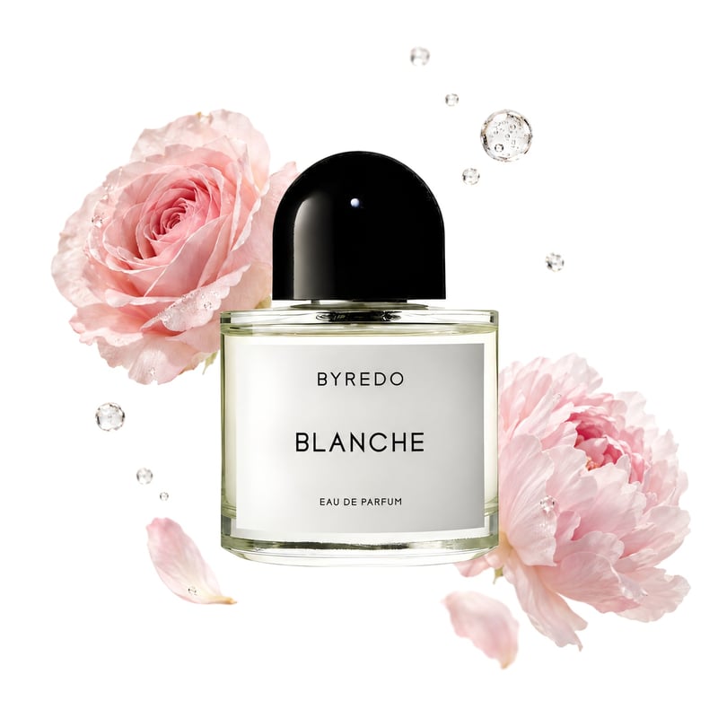Blanche by Byredo, bottle pictured with its key notes: Aldehydes, Rose Centifolia and Peony