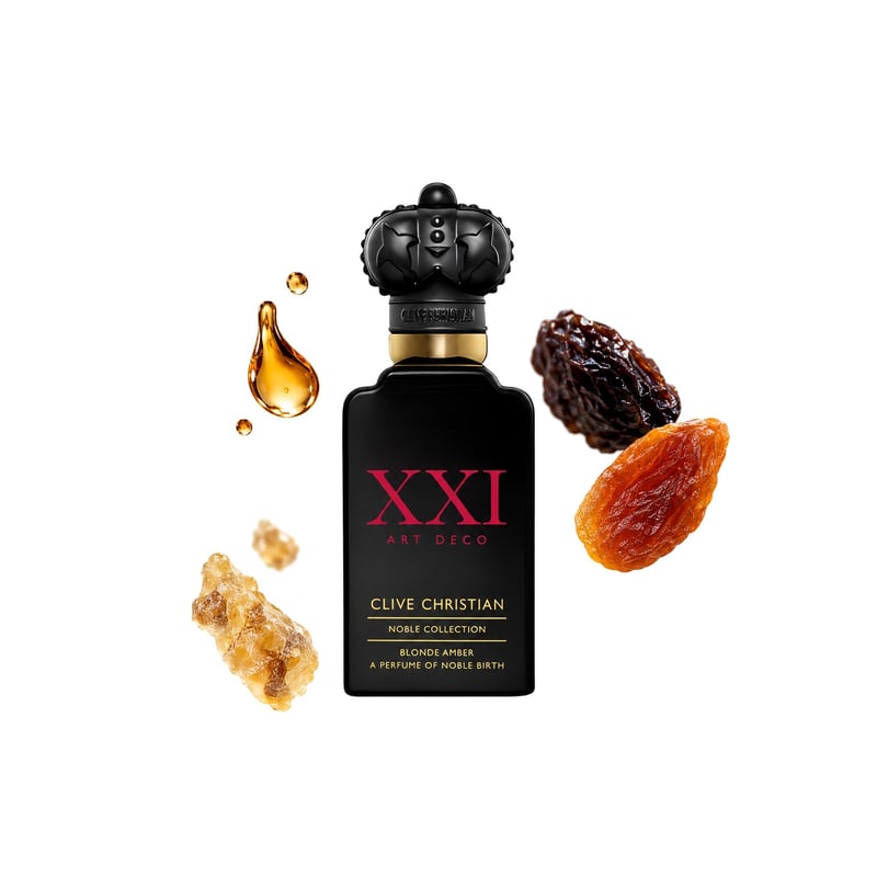 Blonde Amber by Clive Christian, bottle pictured with its key notes: Rum, Olibanum and Dried Fruits