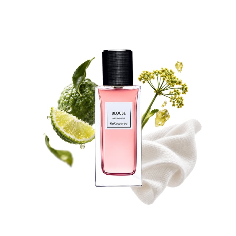 Blouse by Yves Saint Laurent, bottle pictured with its key notes: Bergamot, Galbanum and White Musk