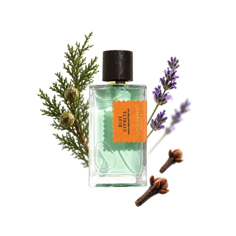Blue Cypress by Goldfield & Banks, bottle pictured with its key notes: Cypress, Clove and Lavender