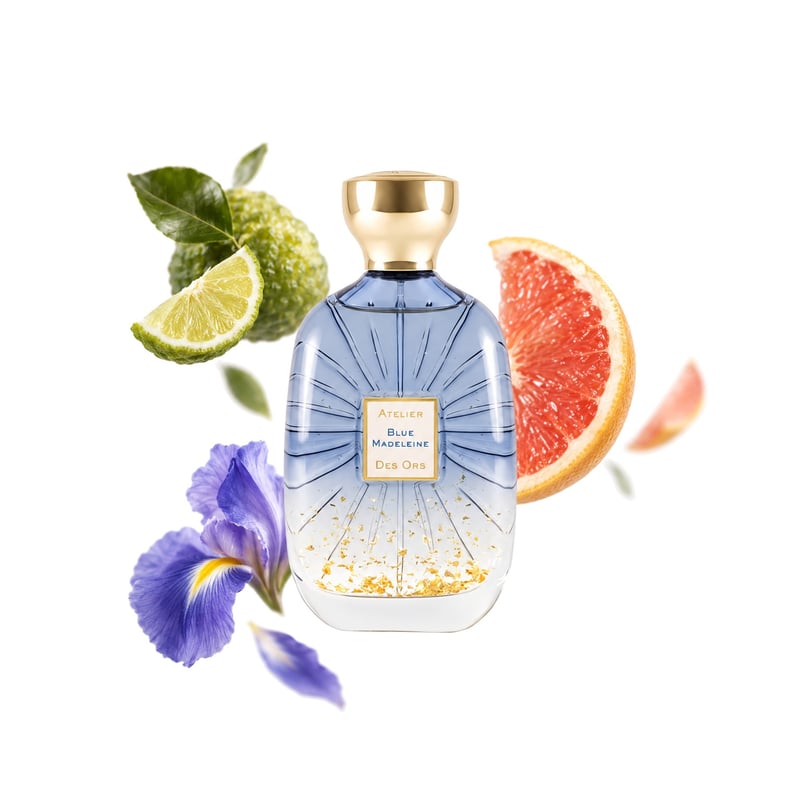 Blue Madeleine by Atelier des Ors, bottle pictured with its key notes: Bergamot, Grapefruit and Iris