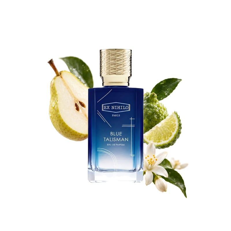 Blue Talisman by Ex Nihilo, bottle pictured with its key notes: Pear, Bergamot and Orange Blossom