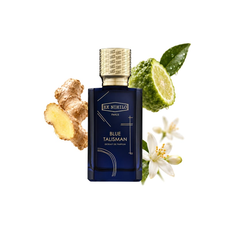 Blue Talisman Extrait de Parfum by Ex Nihilo, bottle pictured with its key notes: Ginger, Bergamot and Orange Blossom