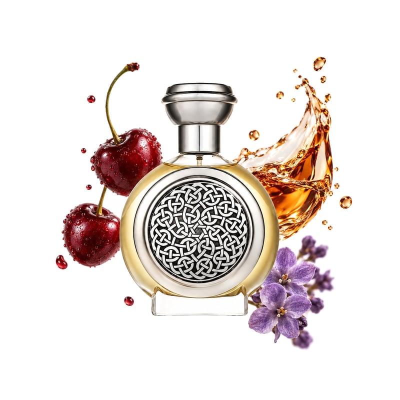 Bodacious by Boadicea The Victorious, bottle pictured with its key notes: Cherry, Cognac and Heliotrope