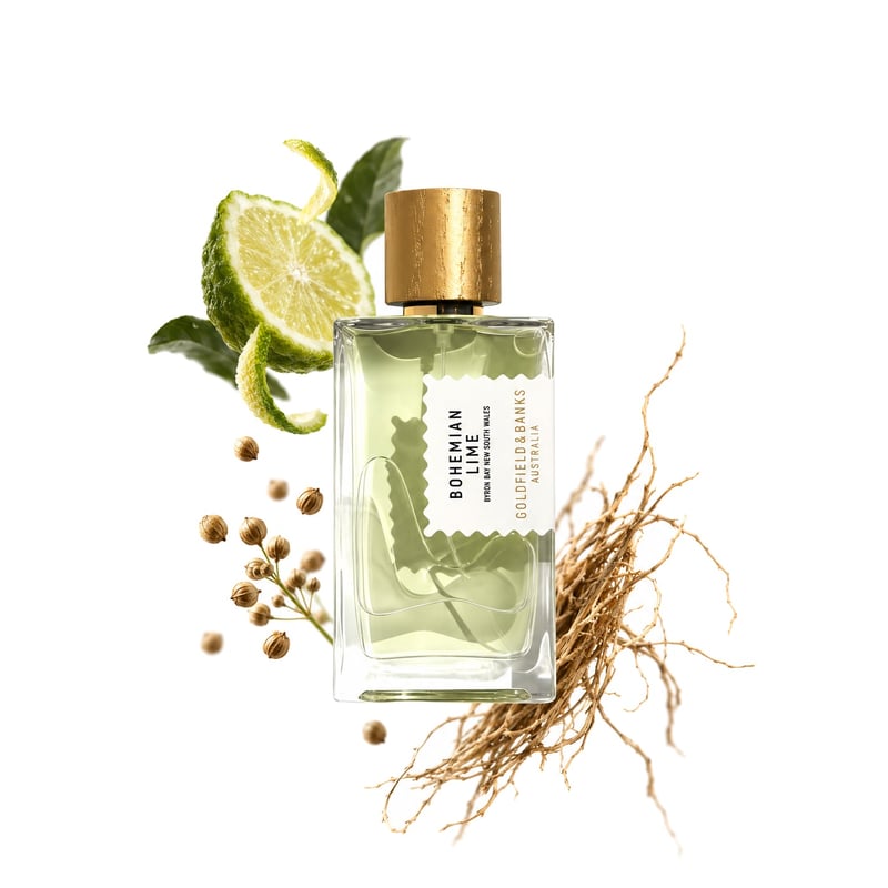 Bohemian Lime by Goldfield & Banks, bottle pictured with its key notes: Coriander, Bergamot and Vetiver