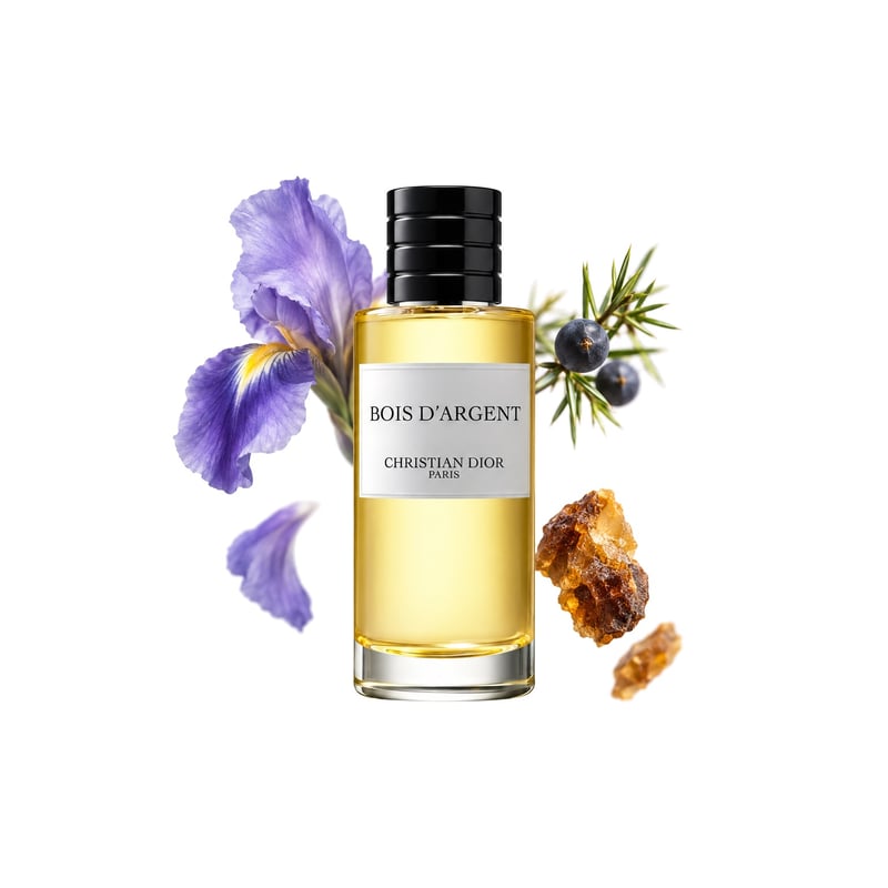 Bois d'Argent του οίκου Dior, φιάλη με τις κύριες νότες της: Ίριδα, Καρποί άρκευθου και Σμύρνα