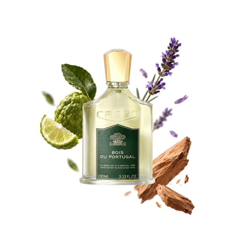 Bois du Portugal by Creed, bottle pictured with its key notes: Bergamot, Lavender and Sandalwood