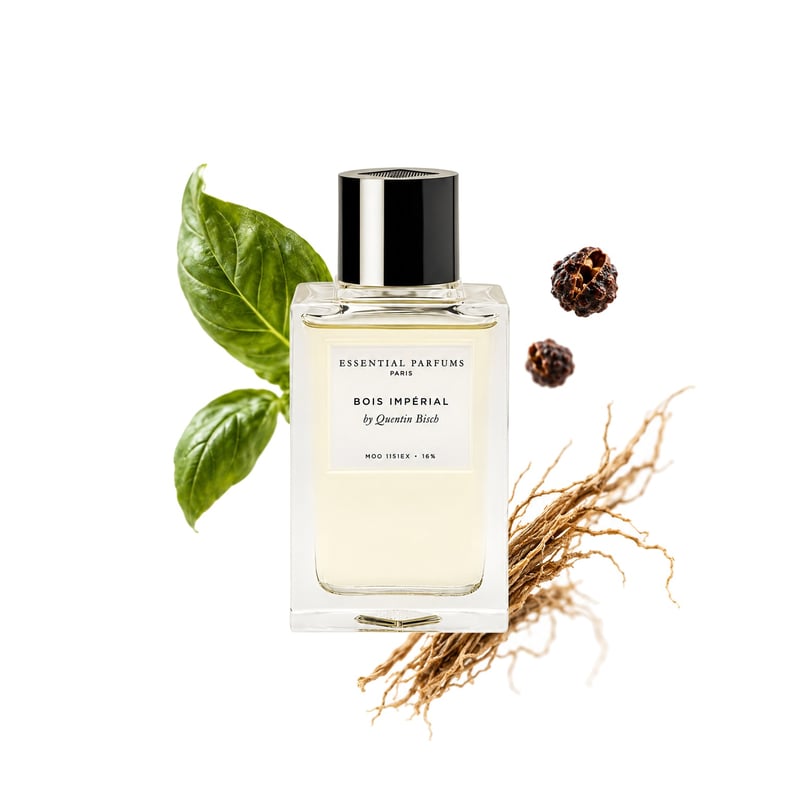 Bois Impérial by Essential Parfums, bottle pictured with its key notes: Basil, Timur Pepper and Vetiver