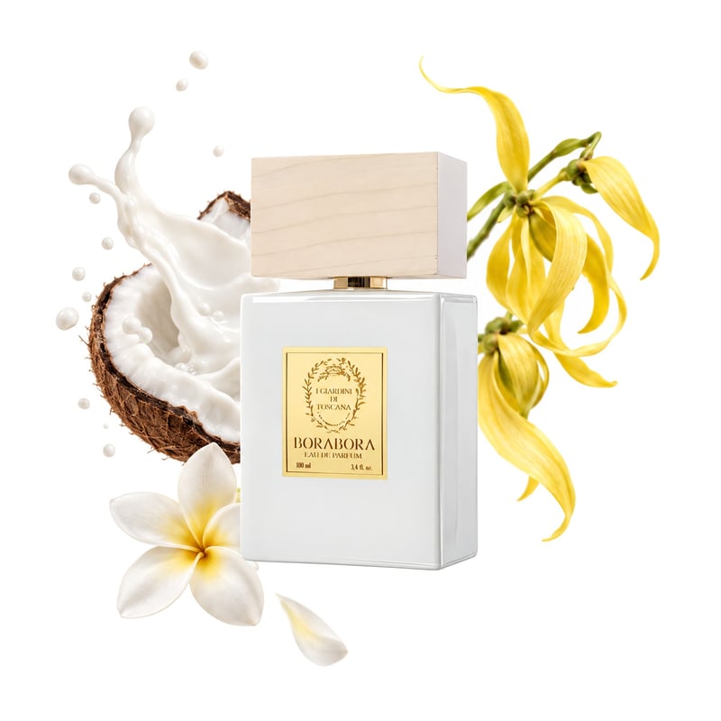 Borabora di Giardini di Toscana, flacone con le sue note principali: Fiore di Tiare, Ylang-Ylang e Latte di cocco