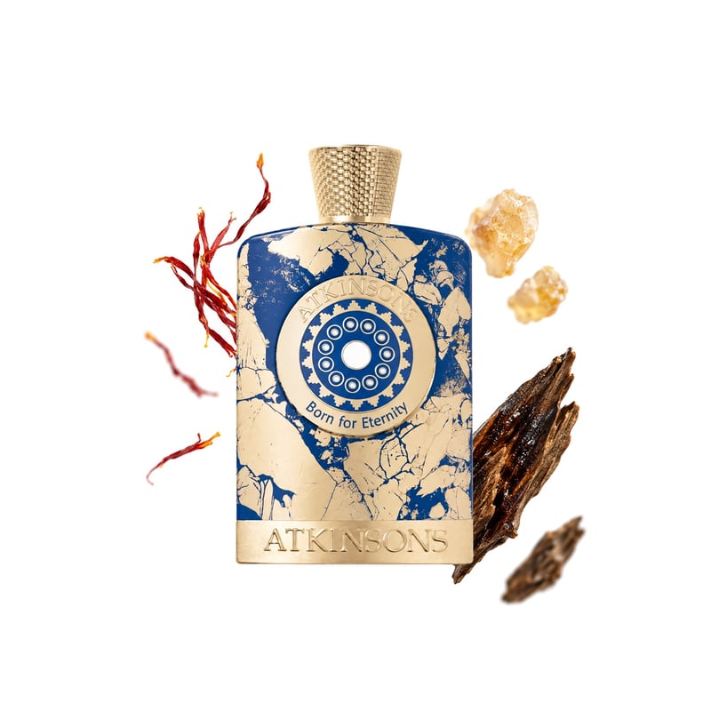 Born for Eternity by Atkinsons, bottle pictured with its key notes: Saffron, Frankincense and Oud
