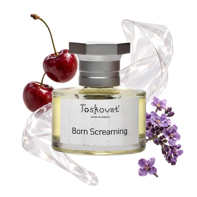 Born Screaming by Toskovat', bottle pictured with its key notes: Cherry, Plastic and Heliotrope