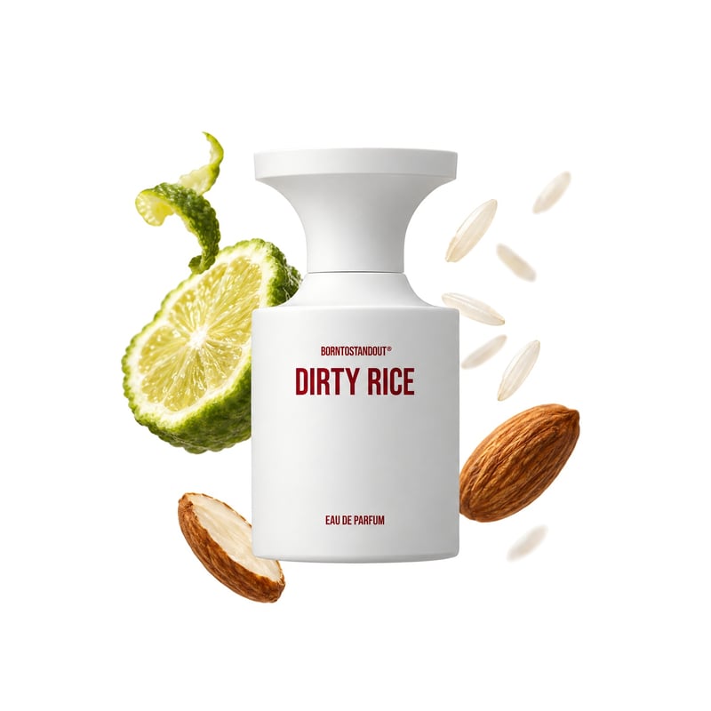 Dirty Rice de BORNTOSTANDOUT, frasco con sus notas principales: Almendra, Bergamota y Arroz