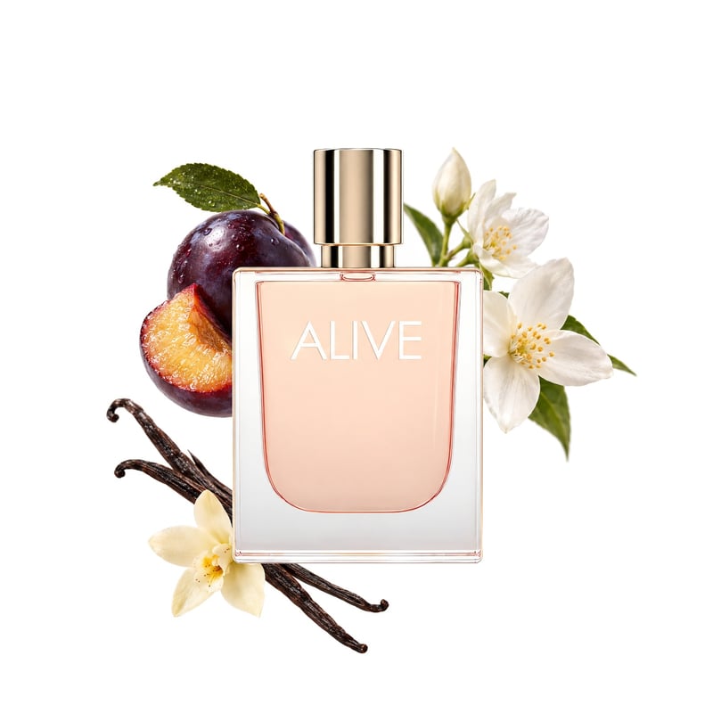 Boss Alive Eau de Parfum de la Hugo Boss, flacon alături de notele principale: Vanilie din Madagascar, Prună și Iasomie Sambac