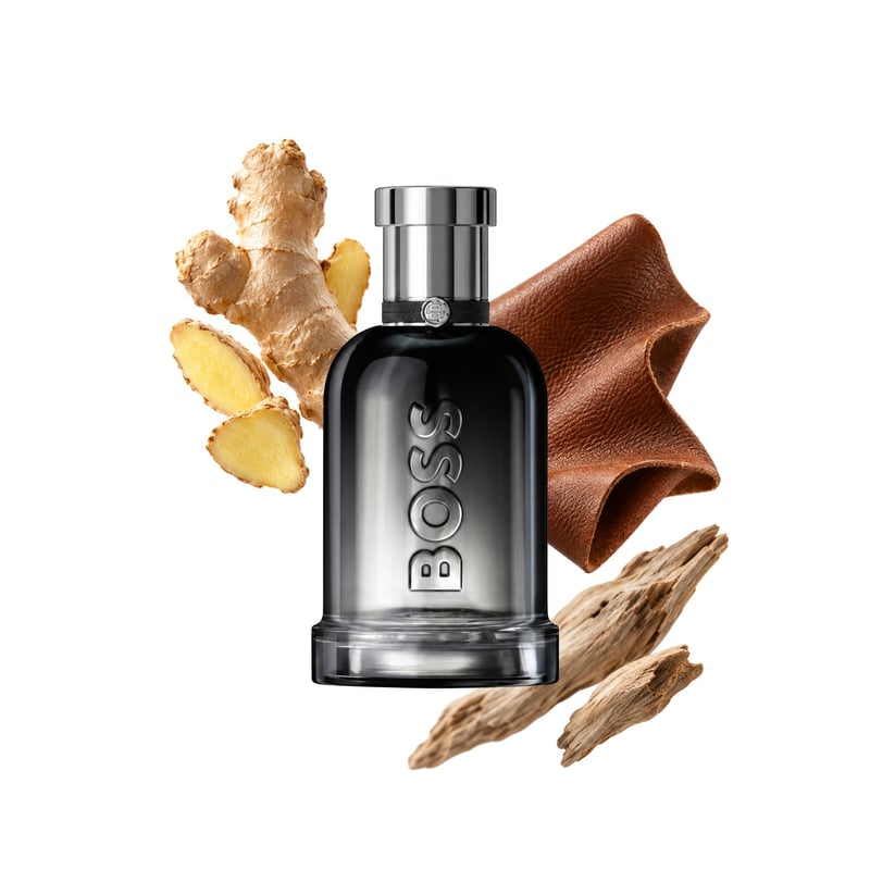 Boss Bottled Beyond by Hugo Boss, bottle pictured with its key notes: Ginger, Leather and Woody Notes