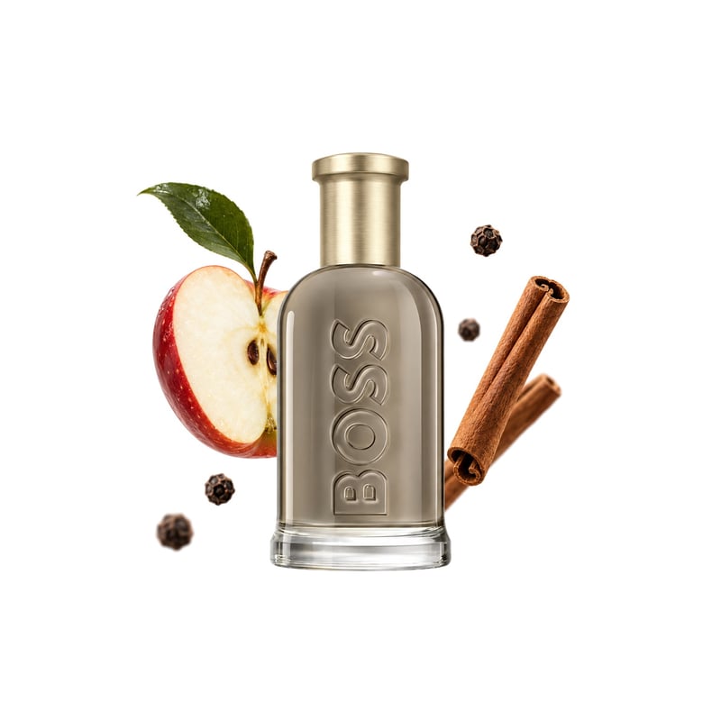 Boss Bottled Eau de Parfum de Hugo Boss, flacon entouré de ses notes clés : Pomme, Poivre noir et Cannelle