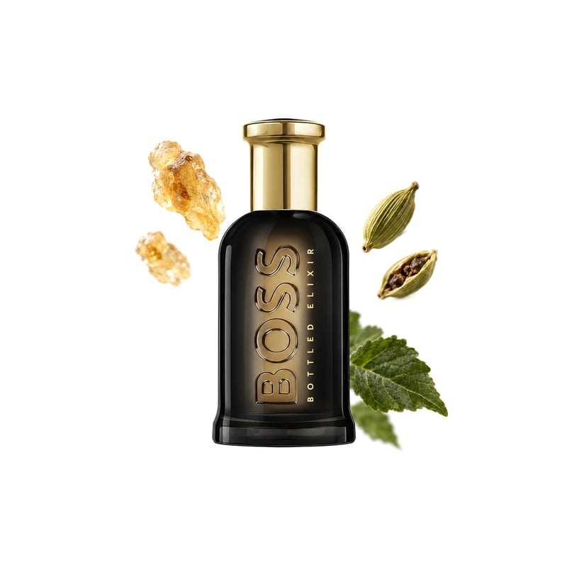 Boss Bottled Elixir by Hugo Boss, bottle pictured with its key notes: Frankincense, Cardamom and Patchouli