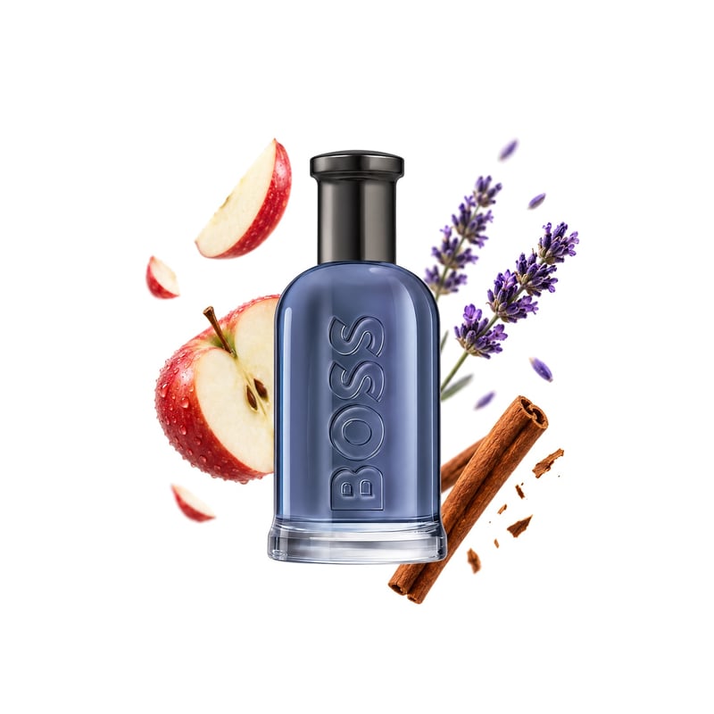 Boss Bottled Infinite von Hugo Boss, Flakon mit seinen Hauptnoten: Apfel, Zimt und Lavendel