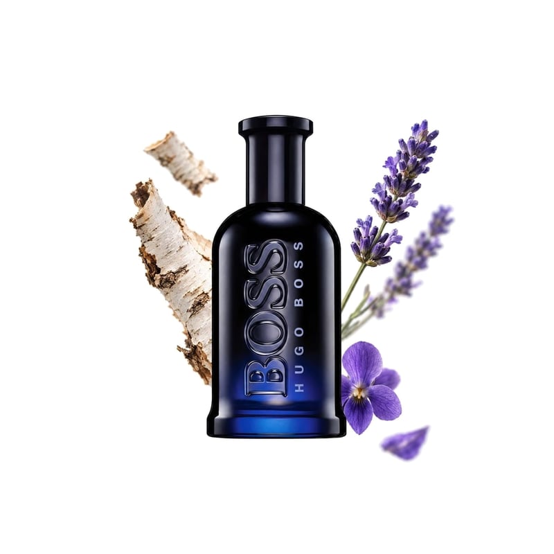 Boss Bottled Night by Hugo Boss, bottle pictured with its key notes: Birch, Lavender and Violet