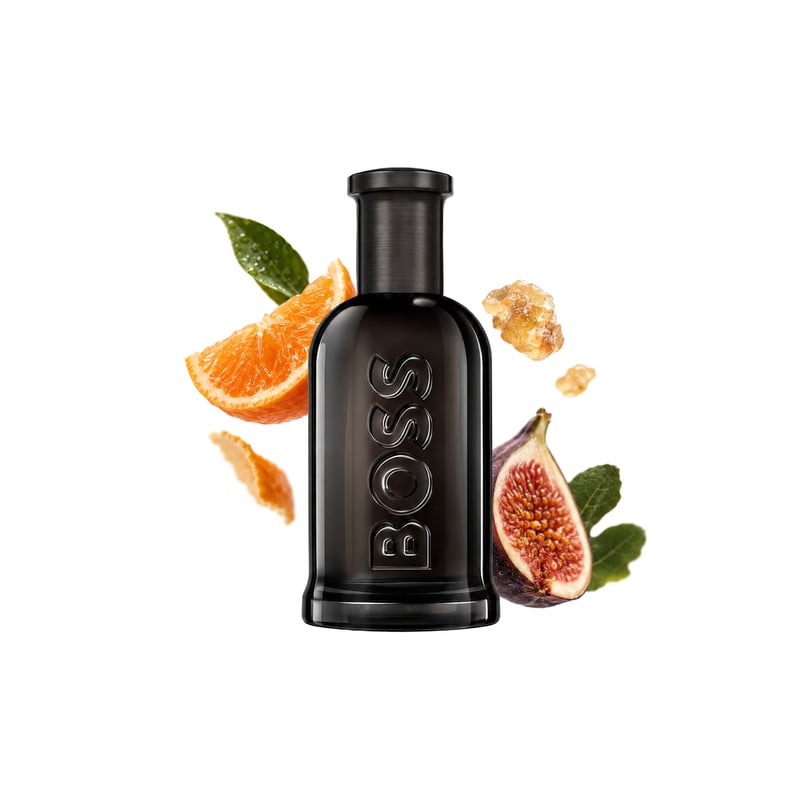 Boss Bottled Parfum de Hugo Boss, frasco con sus notas principales: Mandarina, Olíbano e Higuera