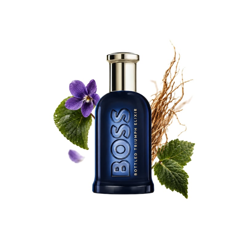 Boss Bottled Triumph Elixir by Hugo Boss, bottle pictured with its key notes: Violet Leaf, Vetiver and Patchouli Leaf