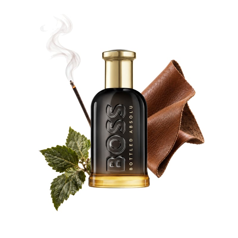 Bottled Absolu by Hugo Boss, bottle pictured with its key notes: Incense, Leather and Patchouli
