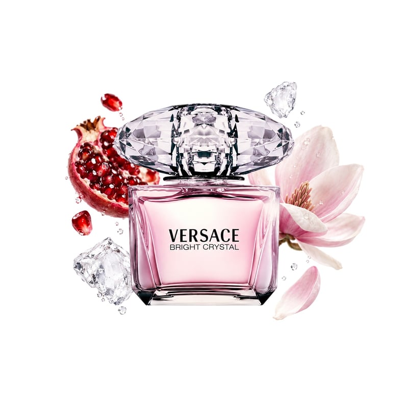 Bright Crystal by Versace by Versace, bottle pictured with its key notes: Ice, Pomegranate and Magnolia
