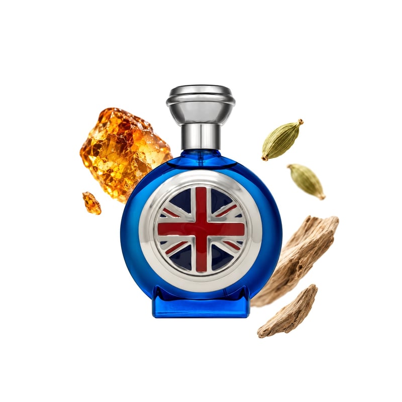Britannia by Boadicea The Victorious, bottle pictured with its key notes: Amber, Cardamom and Woody Notes