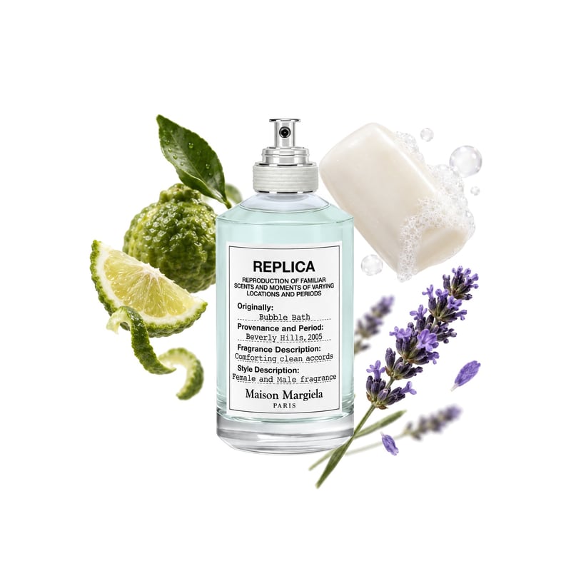 Bubble Bath by Maison Margiela, bottle pictured with its key notes: Soap, Bergamot and Lavender