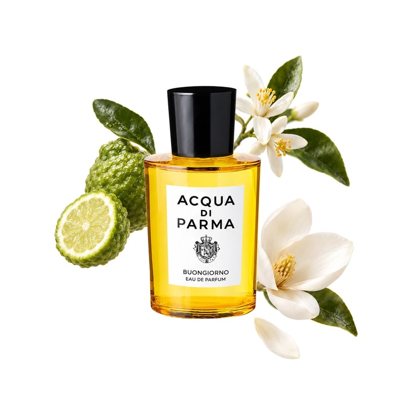 Buongiorno by Acqua di Parma, bottle pictured with its key notes: Bergamot, Bigarade and Magnolia
