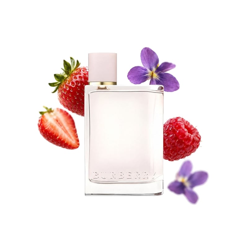 Burberry Her by Burberry, bottle pictured with its key notes: Strawberry, Raspberry and Violet