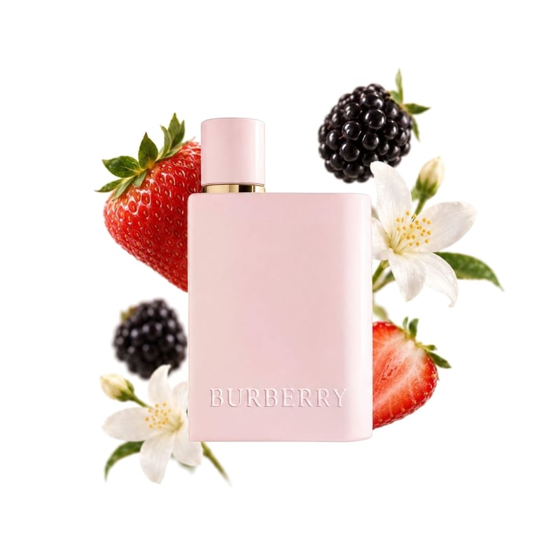 Burberry Her Elixir de Parfum de Burberry, frasco con sus notas principales: Fresa, Mora y Jazmín