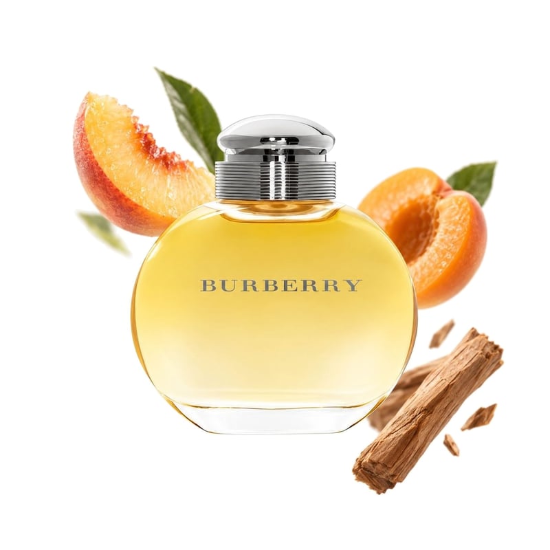 Burberry Women by Burberry, bottle pictured with its key notes: Peach, Apricot and Sandalwood